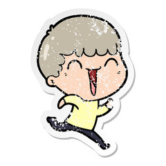 distressed sticker of a cartoon happy man