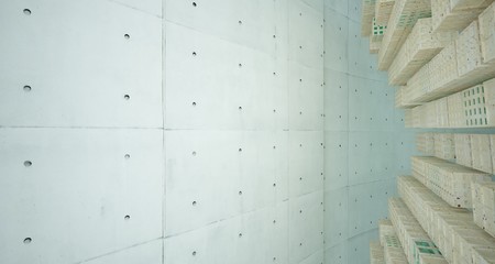Abstract  concrete and coquina parametric interior  with window. 3D illustration and rendering.