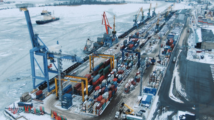 Aerial view port container terminal container ship in import export and business logistic at Deep water port