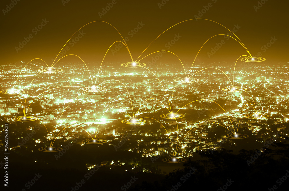 Aufkleber abstract network technology web line connection on night city background , gold tone