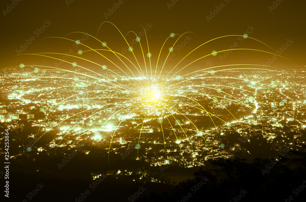 Aufkleber abstract network technology web line connection on night city background , gold tone