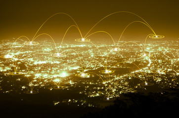 abstract network technology web line connection on night city background , gold tone