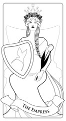 Major Arcana Tarot Cards. The Empress. Beautiful woman with long braids, pregnant, sitting on a throne, holding a shield with a hummingbird on the front and golden scepter shaped like a tulip.
