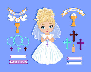 Set of design elements for First Communion for girls. Vector illustration for religious holidays.