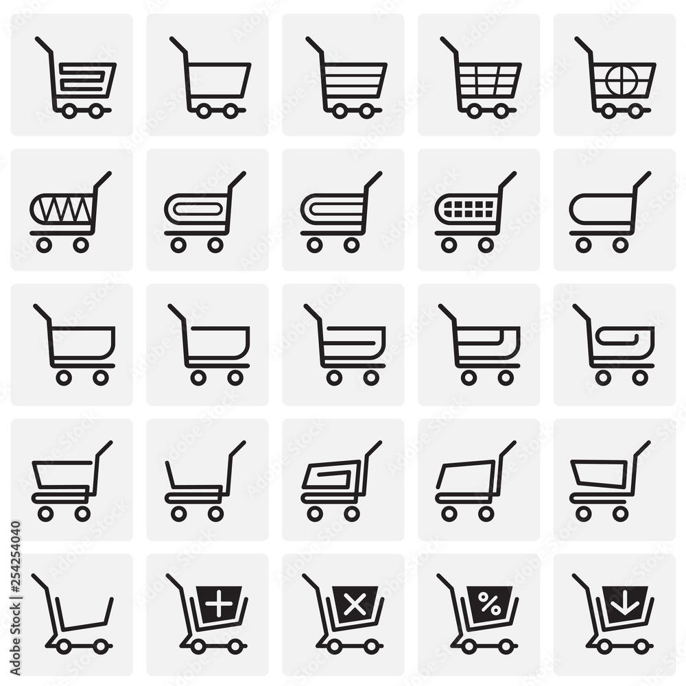 Poster shop cart icons set on squares background for graphic and web design. simple vector sign. internet c
