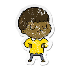 distressed sticker of a cartoon grumpy boy