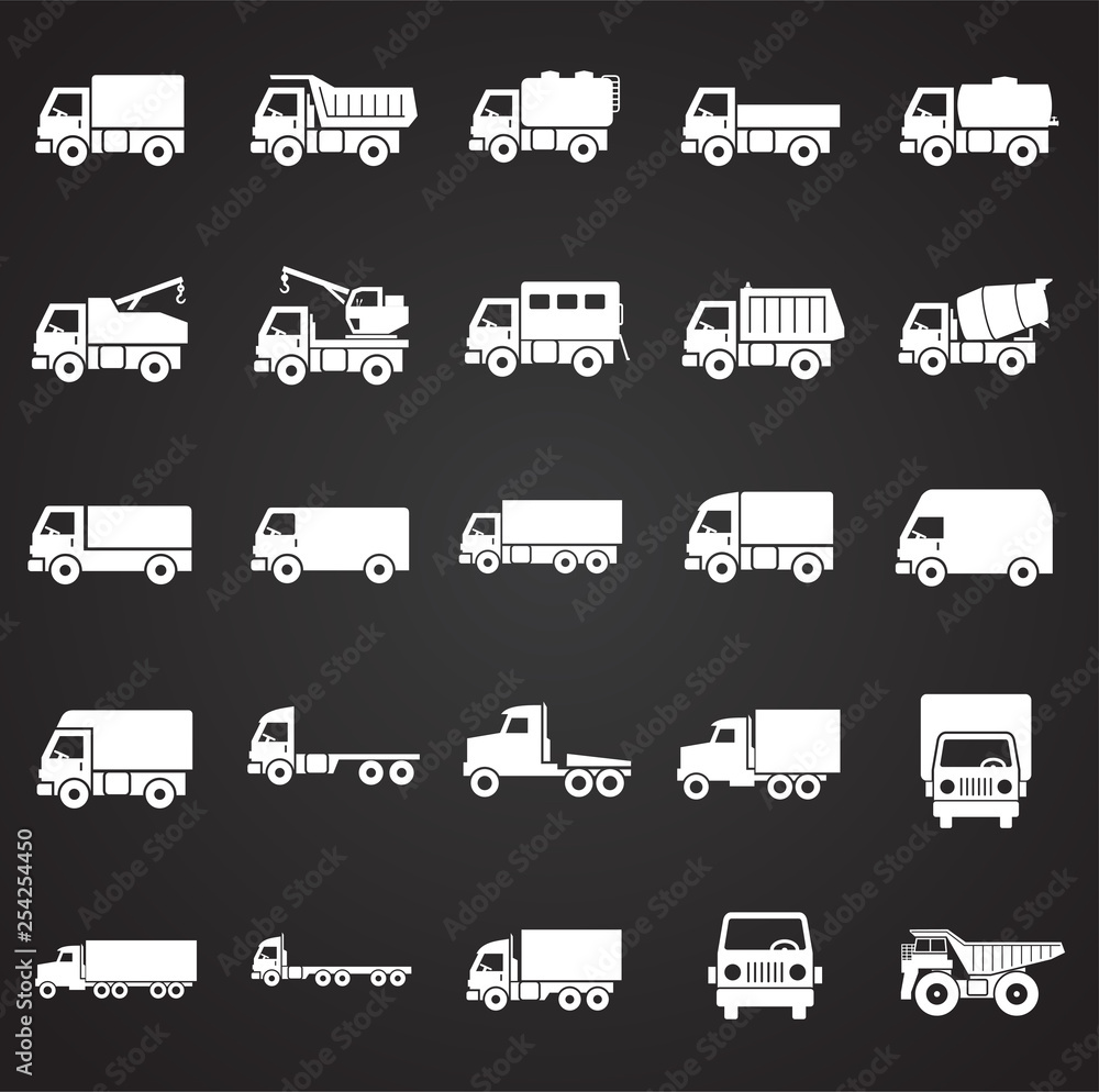 Poster truck icons set on black background for graphic and web design. simple vector sign. internet concept