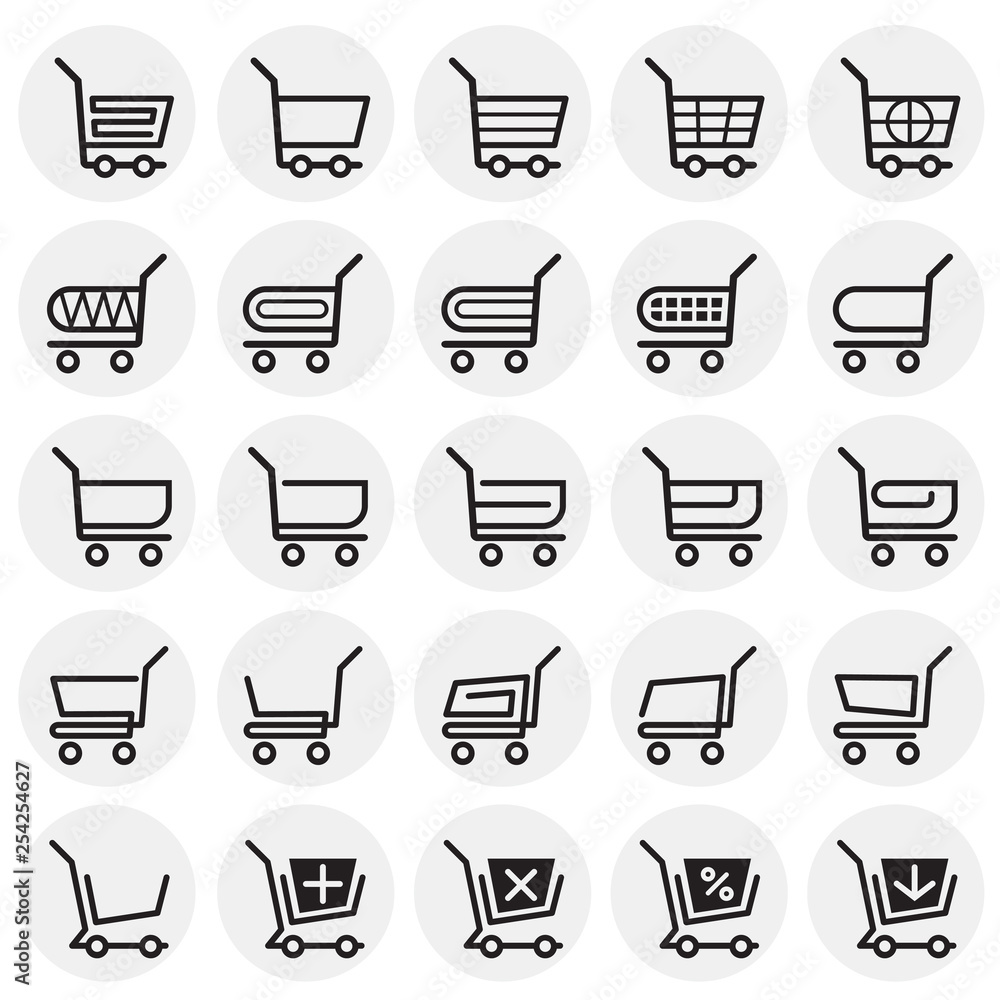 Poster shop cart icons set on circles background for graphic and web design. simple vector sign. internet c