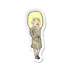 retro distressed sticker of a cartoon woman in trench coat