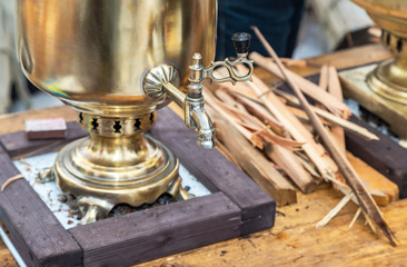 Metal tap of russian copper samovar closeup
