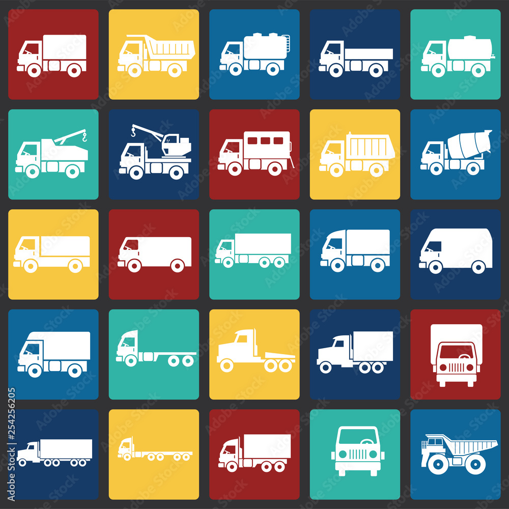 Poster truck icons set on color squares background for graphic and web design. simple vector sign. internet