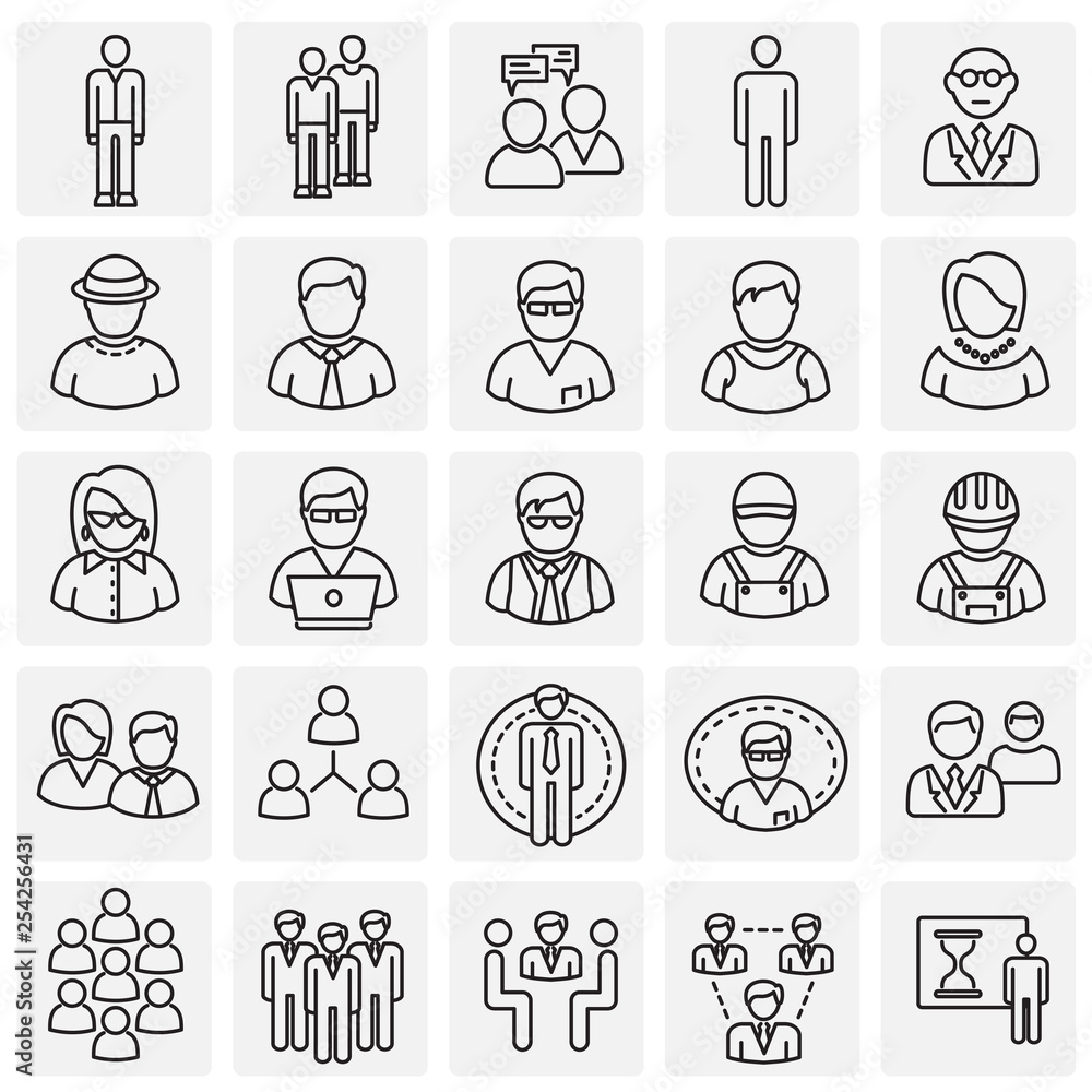 Poster person icons set on squares background for graphic and web design. simple vector sign. internet conc