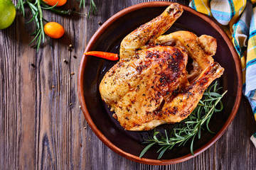 Delicious, freshly baked, crispy, baked chicken is appetizing served on a ceramic dish next to a sprig of fragrant rosemary, top view, closeup