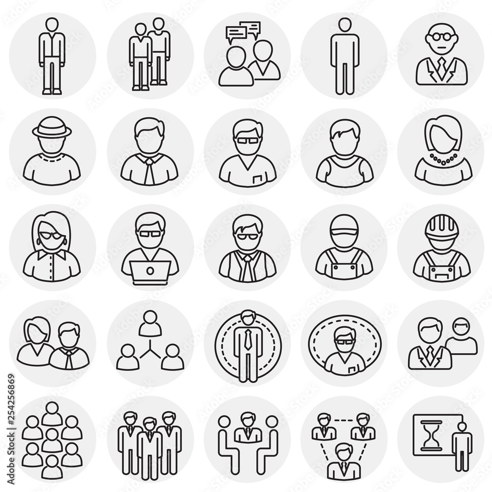 Poster person icons set on circles background for graphic and web design. simple vector sign. internet conc