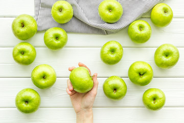 Fototapeta na wymiar food pattern with green apples on white background top view