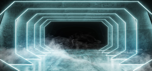 Smoke Neon Background Futuristic Sci Fi Cyberpunk Psychedelic Cosmic Luminous Purple Pink Blue Ultraviolet Laser Led Lights On Dark Grunge Concrete Tunnel Corridor 3D Rendering