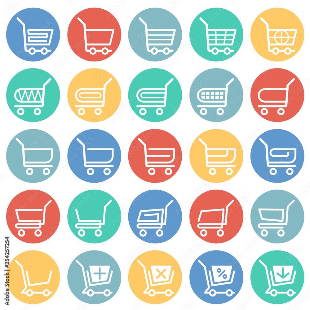Poster shop cart icons set on color circles white background for graphic and web design. simple vector sign