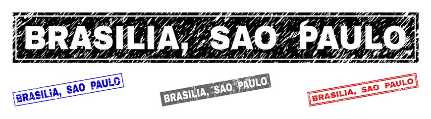 Grunge BRASILIA, SAO PAULO rectangle stamp seals isolated on a white background. Rectangular seals with distress texture in red, blue, black and gray colors. Vector rubber overlay of BRASILIA,