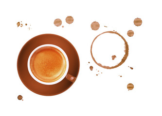 Coffee cup, stains and drops on white background
