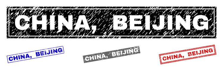 Grunge CHINA, BEIJING rectangle stamp seals isolated on a white background. Rectangular seals with grunge texture in red, blue, black and grey colors. Vector rubber imprint of CHINA,
