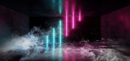 Smoke Sci Fi Neon Background Cyberpunk Futuristic Luminous  Psychedelic Abstract Shaped Purple Pink Blue Ultraviolet Club Dance Stage Lights Grunge Concrete Dark 3D Rendering