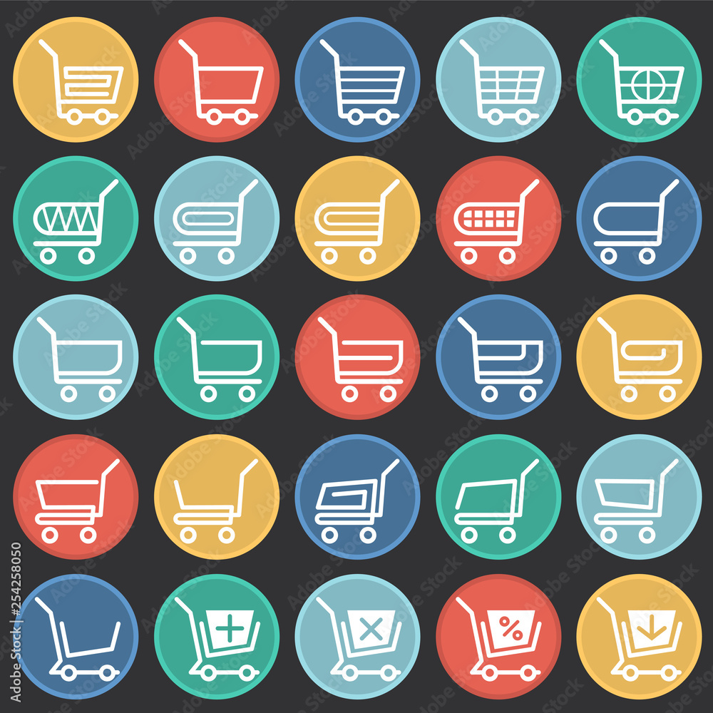 Poster shop cart icons set on color circles black background for graphic and web design. simple vector sign