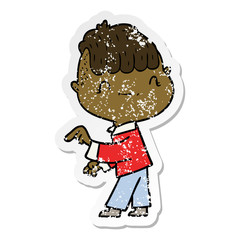 distressed sticker of a cartoon friendly boy