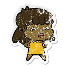 distressed sticker of a cartoon worried woman