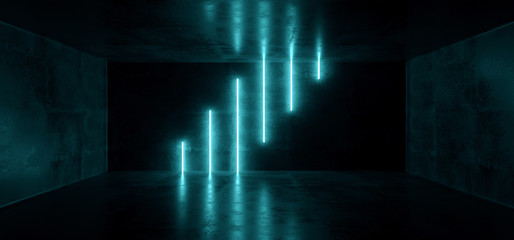 Obraz premium Sci Fi Futuristic Background Neon Modern Elegant Dark Blue Vibrant Glowing Tubes Cyberpunk Empty Room Hall Tunnel Corridor Grunge Reflective Concrete Pattern 3D Rendering