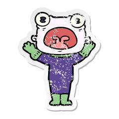 distressed sticker of a cartoon weird alien communicating