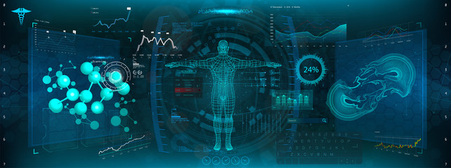 Head Up Display (HUD) UI for Medical App, Futuristic Medical HUD Interface, virtual graphic touch UI with illustration of Brain Scan, Heart Scan, DNA, Human Body, Molecule and Electrocardiogram.Sci-fi