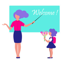 vector illustration of a young teacher and a girl with flowers, teacher at blackboard with pointer,banner back to school