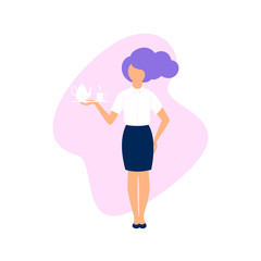vector illustration of a young woman the waiter holding a tray with a kettle and a Cup, flat design