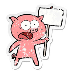 distressed sticker of a cartoon pig protesting
