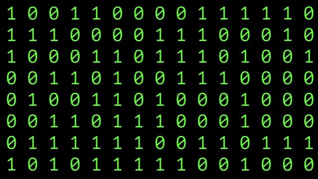 Graphic motion animation of a digital wall of random 0 zero and 1 one numbers representing digital bits in a cyberspace environment. The video includes alpha channel