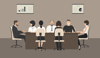 Office workers during the meeting. Employees are sitting at the table in the office. Conference hall. Vector illustration