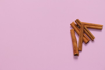 Cinnamon sticks on pink millennial background. It tastes and smells good. It's a popular condiment eaten by youngers and new restaurants
