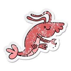 distressed sticker of a quirky hand drawn cartoon happy shrimp