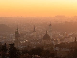 Stunning sunset over the beautiful Ukrainian city of Lviv/Lemberg