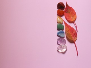 Chakra healing stones and two leaves on pink millennial background