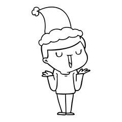 line drawing of a happy boy with no worries wearing santa hat