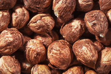Peeled hazel nuts as background. Organic hazelnuts, top view close-up.