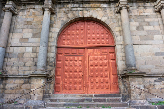 Large red european doorway church entrance in Rennes France