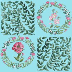 Seamless floral pattern with flowers and wreathes.