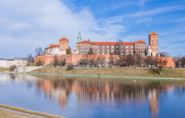 Fototapeta na wymiar POLAND, KRAKOW - FEBRUARY 23, 2019: Wawel, Royal Castle and cathedral in Cracow (Krakow), Poland. Panorama view from inside of the castle.