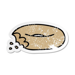 distressed sticker of a quirky hand drawn cartoon bitten bagel