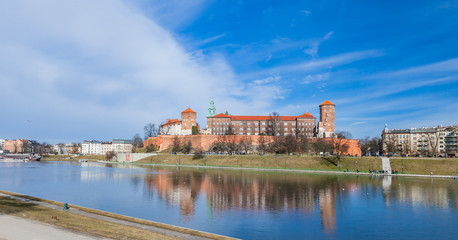 POLAND, KRAKOW - FEBRUARY 23, 2019:  Wawel, Royal Castle and cathedral in Cracow (Krakow), Poland. Panorama view from inside of the castle.