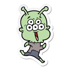 sticker of a happy cartoon alien running