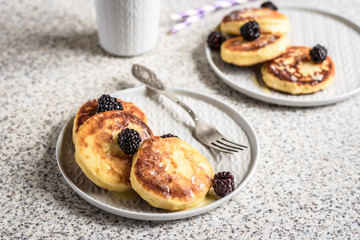 Homemade curd fritters with berries and a cup of milk on a gray background. Healthy and diet breakfast