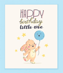 Fototapeta na wymiar Vector happy birthday congratulation card design with cute little baby rabbit hold air balloon and text congratulation isolated on light background. Good for HB card, baby shower party invitation etc.